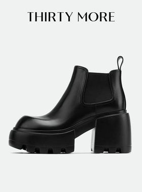 Thirty More粗跟短筒靴女2024秋冬新款增高显瘦切尔西靴时尚短靴