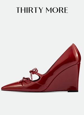 Thirty More法式气质尖头蝴蝶结单鞋女2026夏季新款酒红色高跟鞋
