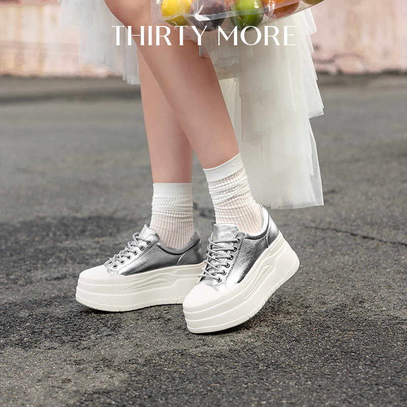 【时髦内核】Thirty More银色休闲鞋女2026春夏新款厚底小白鞋女