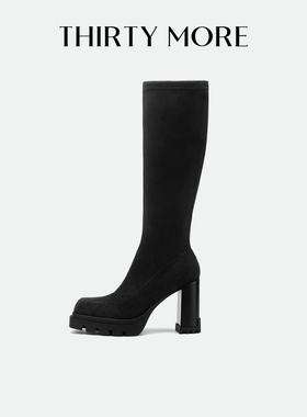 【大女主飒】Thirty More粗跟弹力长靴女2024秋冬新款显瘦高筒靴