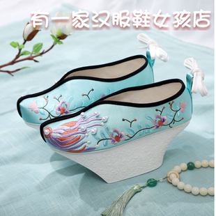 新款宫延绣花鞋花盆底汉服鞋中国风厚底清朝还珠格格鞋表演出布鞋