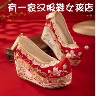 新款超高跟汉服鞋子女厚底增高10cm古风刺绣花鞋重工流苏秀禾婚鞋