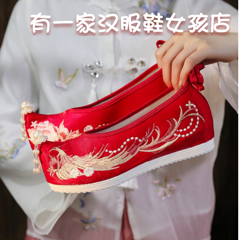 春夏汉服鞋子女古风绣花鞋翘头弓鞋内增高汉元素软底演出舞蹈布鞋