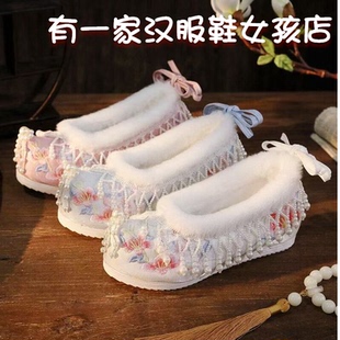 冬季新款加绒汉服鞋子女内增高古风棉鞋中式古装保暖加厚绣花布鞋