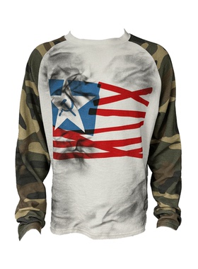 99CLUB恶搞旗帜275G迷彩华夫格擦脏做旧插肩袖长袖t恤美式街头