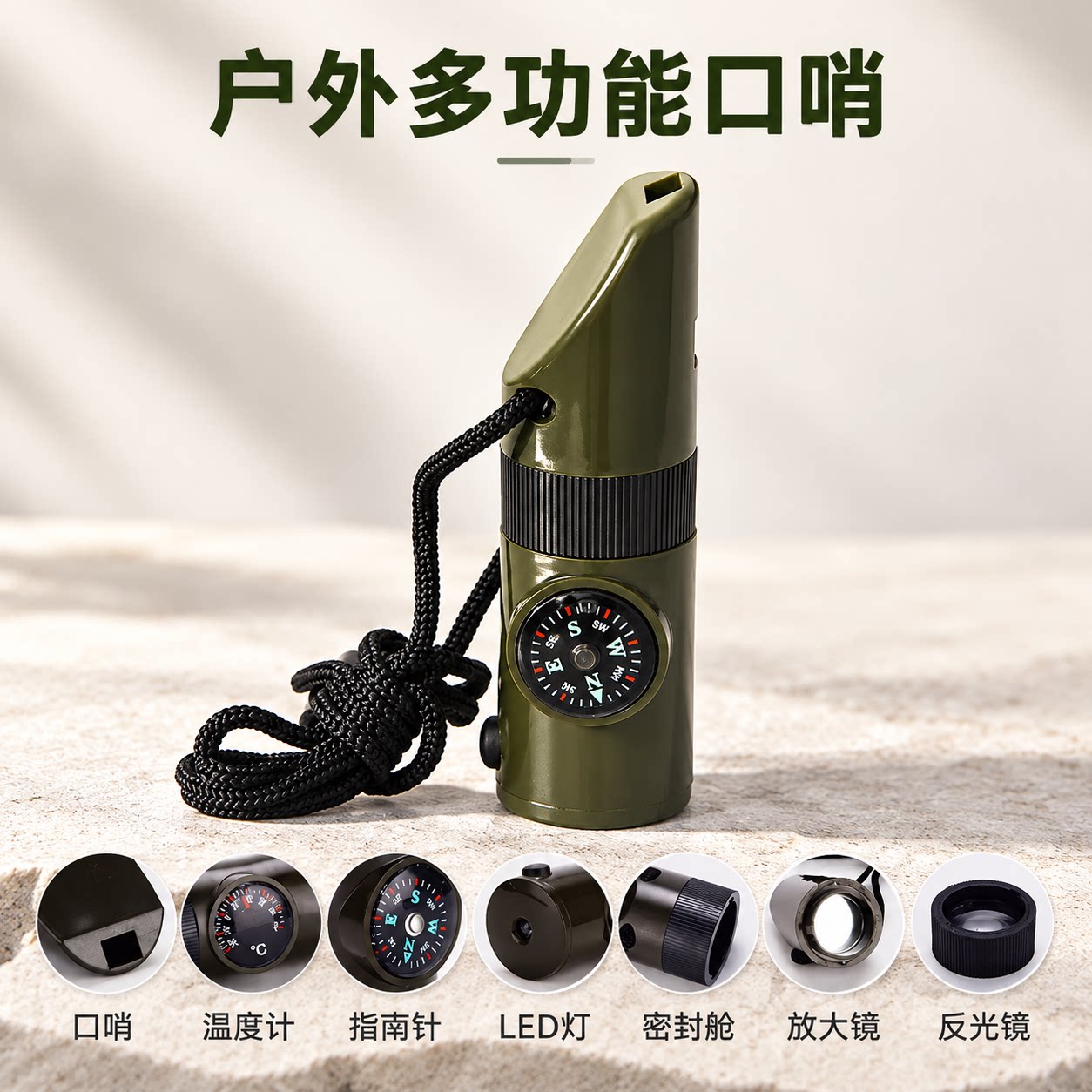 户外装备七合一多功能口哨求生哨救生哨子LED灯温度计指南针7合1