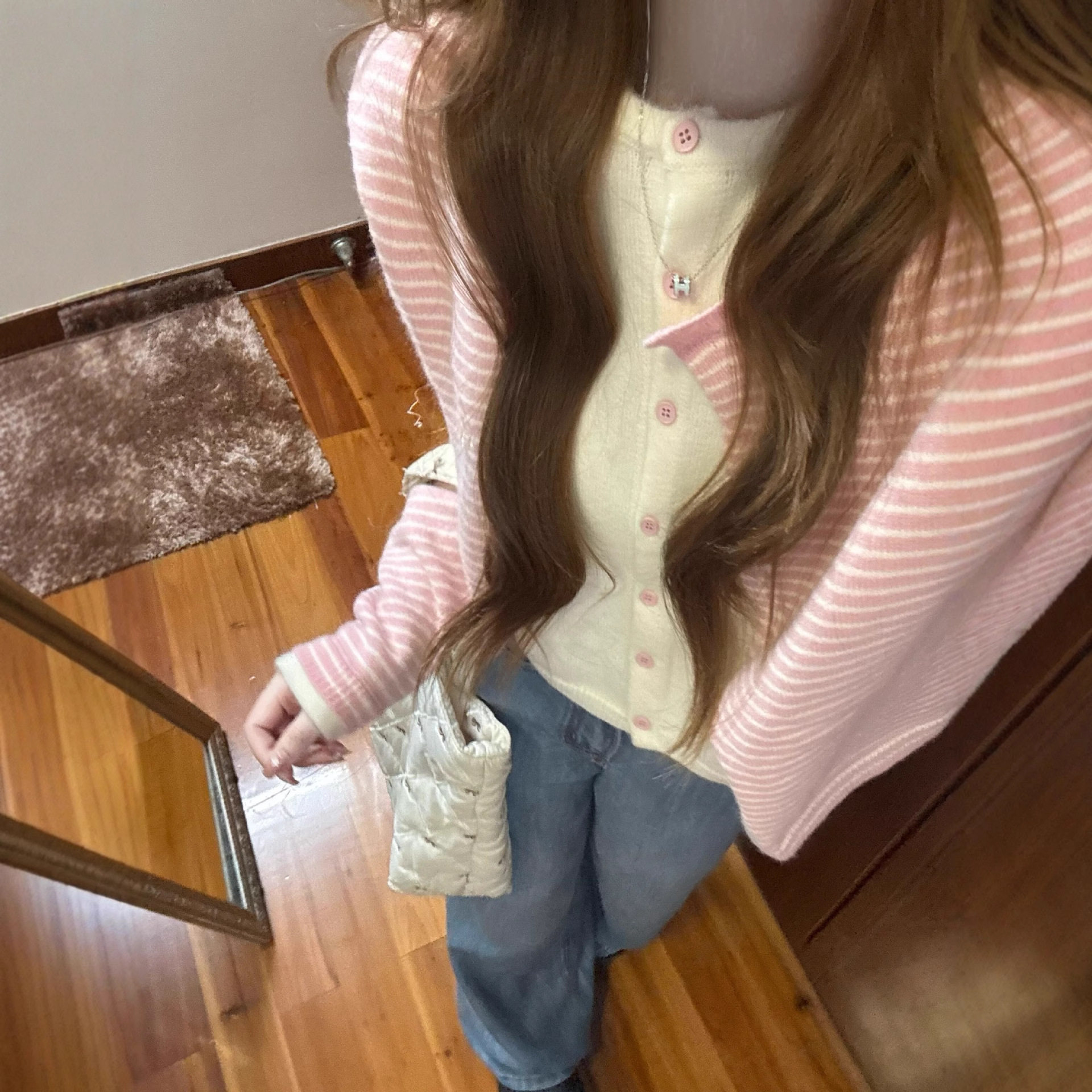 韩系粉色假两件短款针织开衫女撞色条纹外搭2025早秋季氛围感上衣