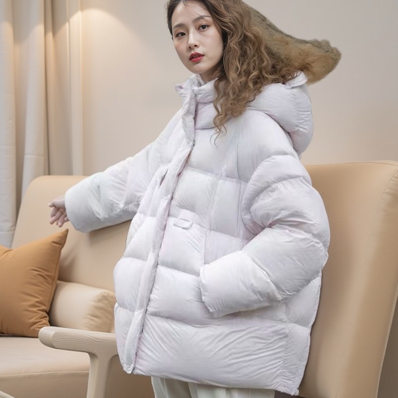 茧型白鸭绒粉色羽绒服女中长款2024冬新白鸭绒面包泡芙保暖外套潮