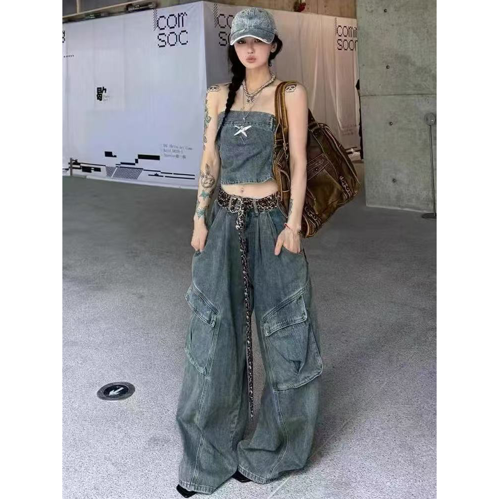 辣妹抹胸牛仔两件套女韩系酷飒设计感气质显瘦高腰工装阔腿裤套装
