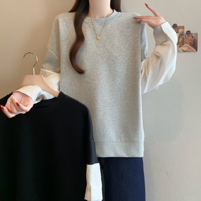 设计感拼接撞色正肩长袖卫衣女春季大码胖mm显瘦遮肚休闲打底上衣