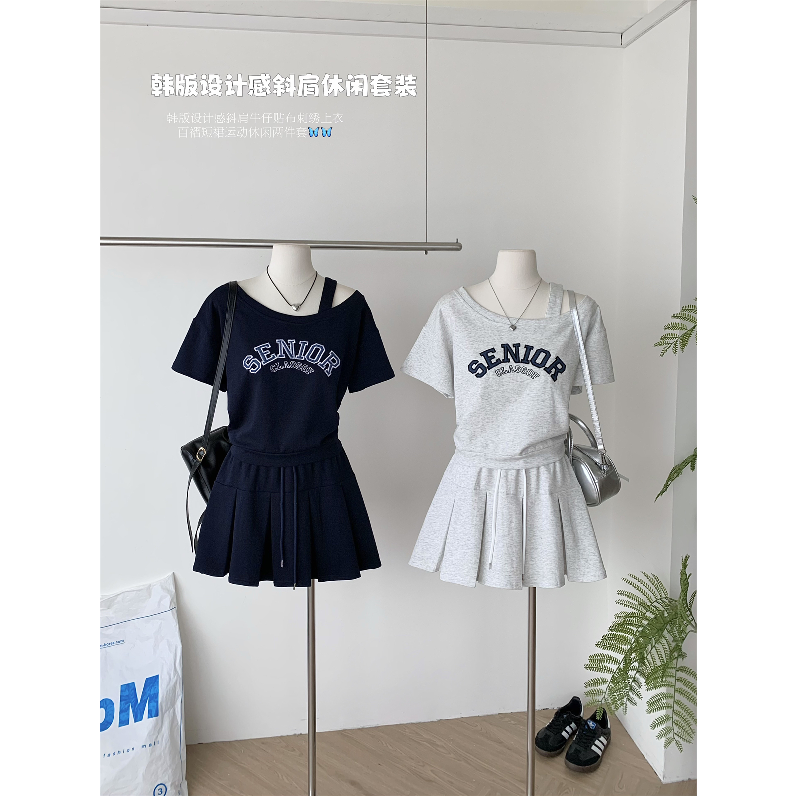 韩版设计感斜肩牛仔贴布刺绣短袖卫衣百褶短裙运动休闲套装女春夏