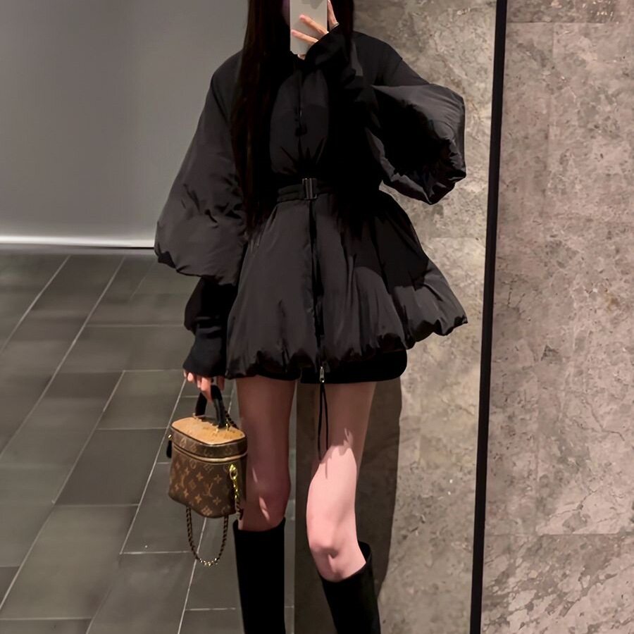 韩系小香风棉服女黑色灯笼袖收腰时尚保暖棉袄高级感面包服外套