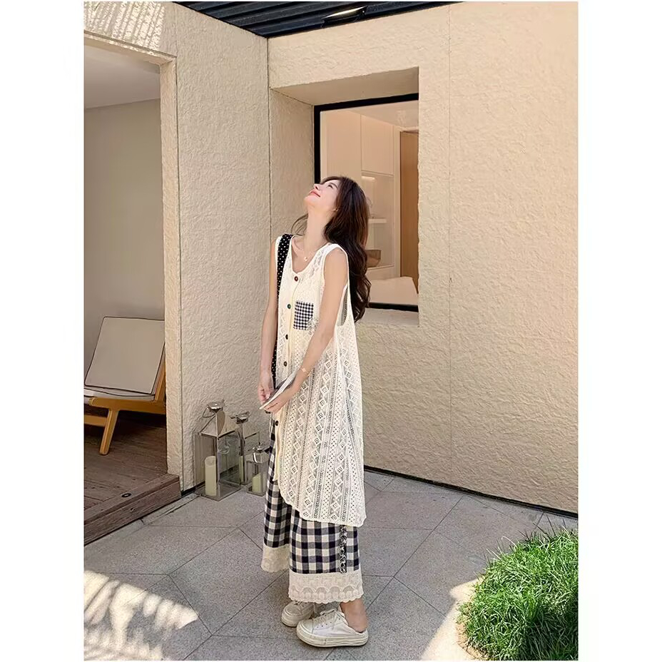 减龄休闲蕾丝马甲花边格子长裤背心套装女2025夏学院风文艺三件套