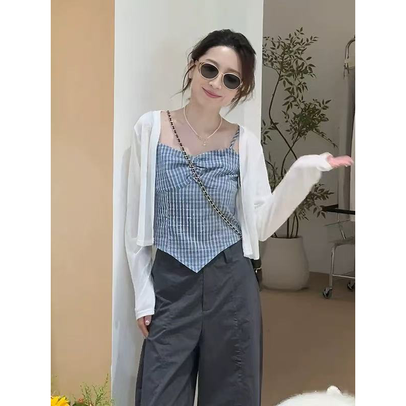 韩系灰色格子长袖吊带上衣套装女2025夏新款防晒气质显瘦两件套女