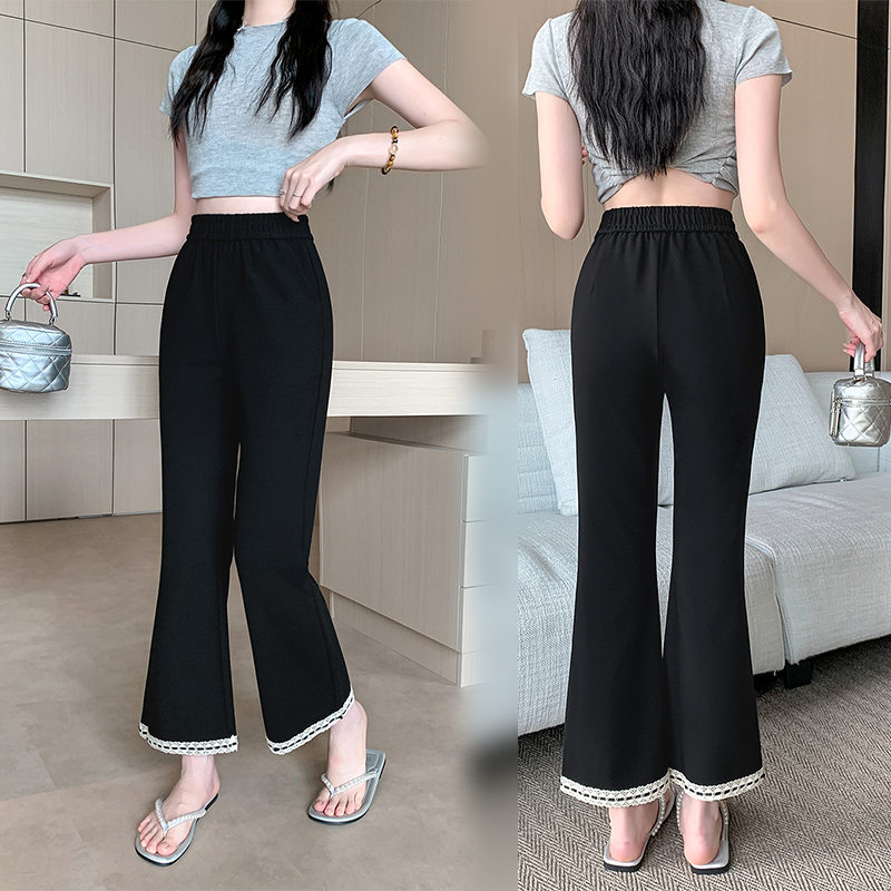 实拍大码女2025春夏新款辣妹蕾丝花边弹力微喇叭裤直筒九分裤