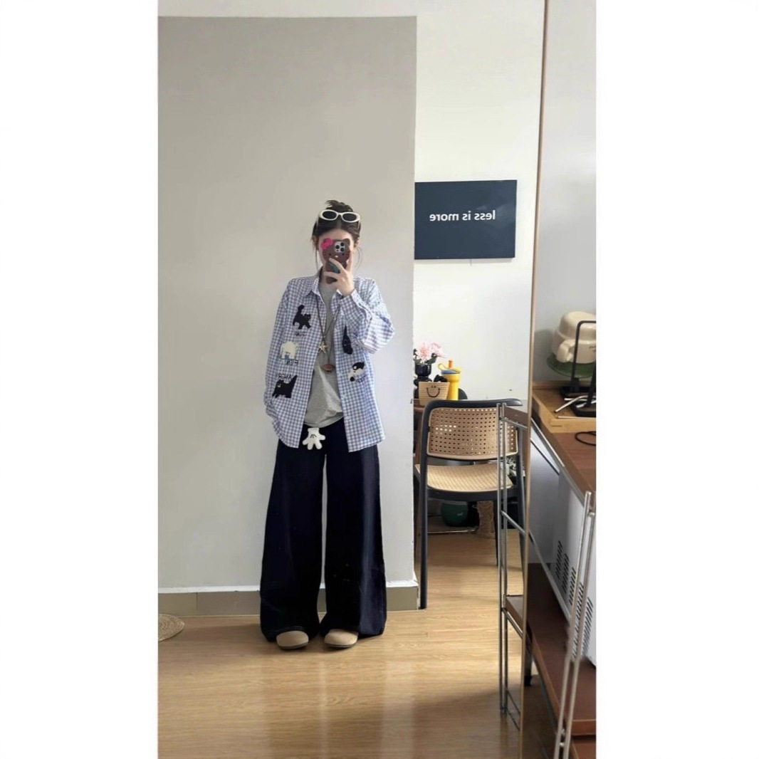 美式复古刺绣格子衬衫外套女秋季新款长袖衬衣宽松休闲情侣上衣