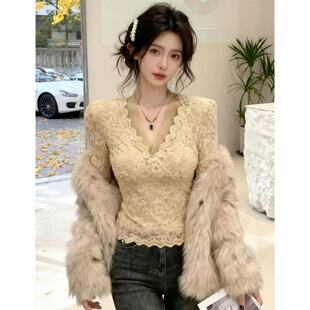 低领蕾丝打底衫女内搭秋冬季加绒加厚交叉V领高级感短款网纱上衣