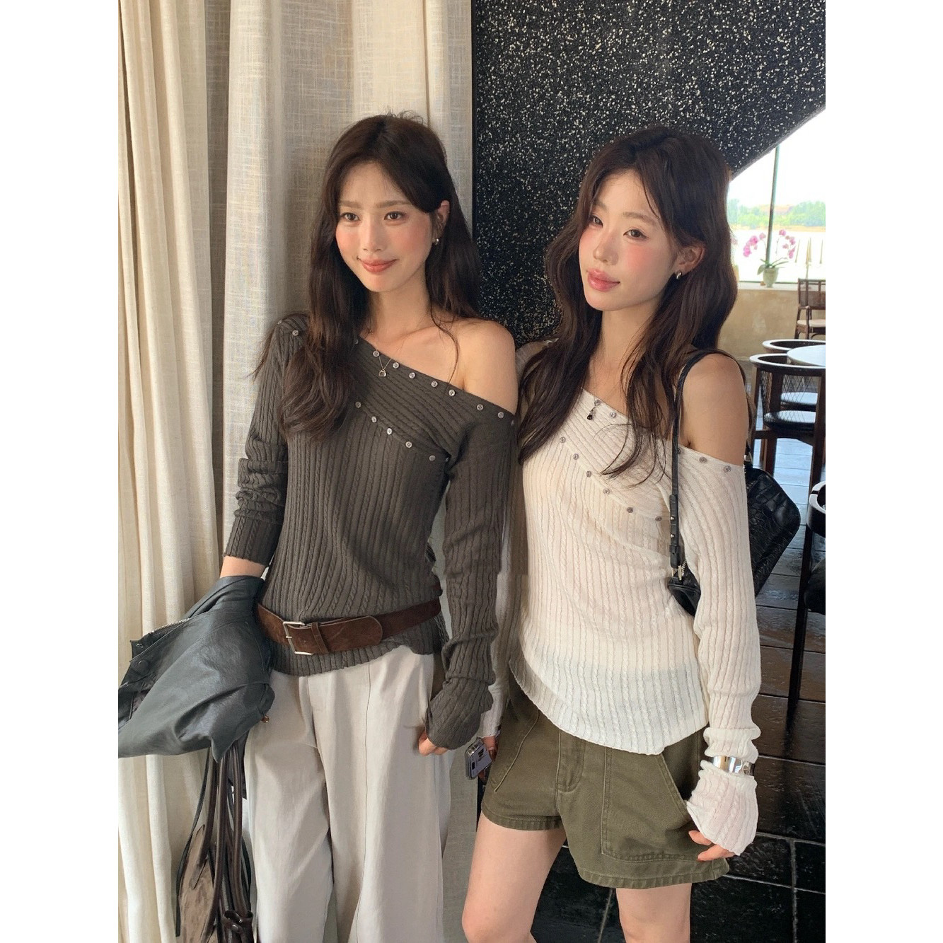 设计感小众纽扣斜领淑女性感韩版长袖针织衫外套秋冬慵懒显瘦上衣