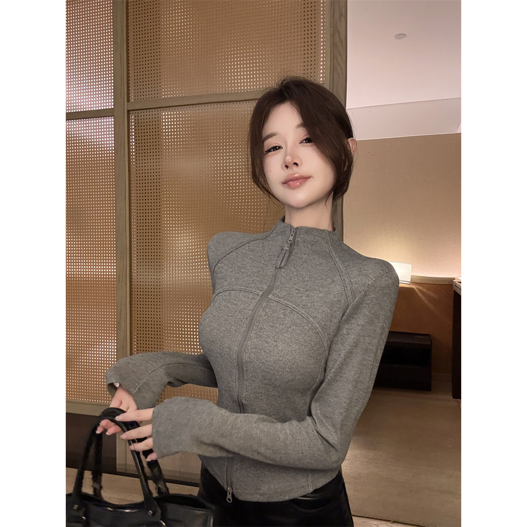 实价实拍~灰色半高领鱼骨收腰开衫外套2025冬季新款修身显瘦上衣