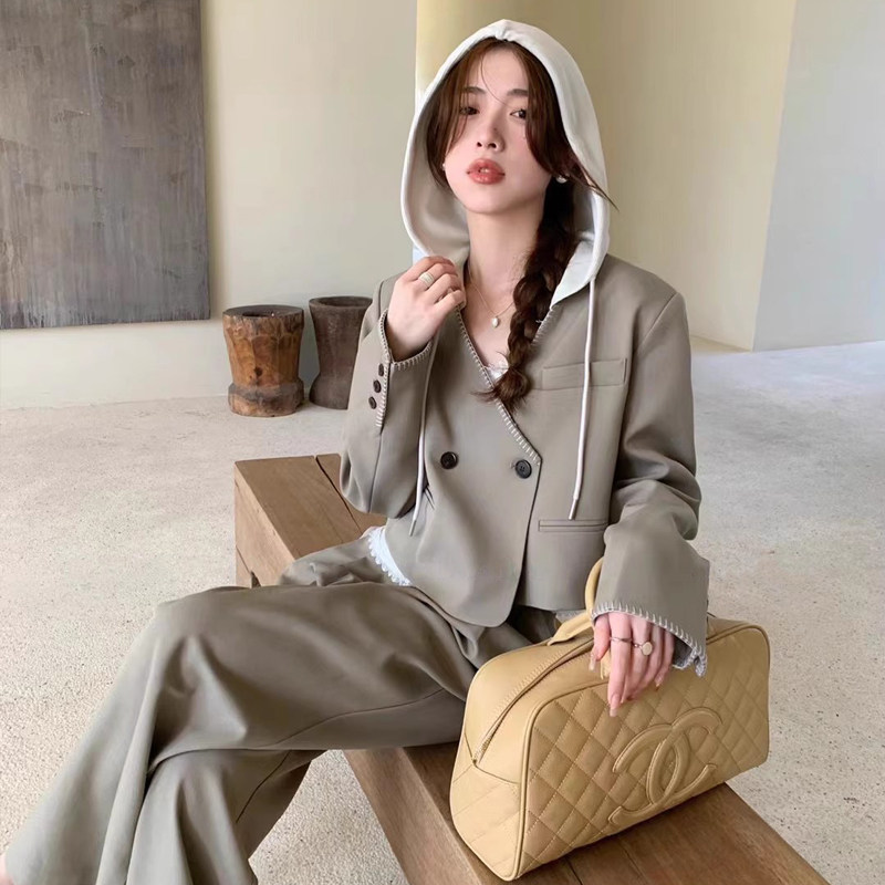 2026年春季新款时尚套装连帽西装套装女盐系轻熟洋气 春装两件套