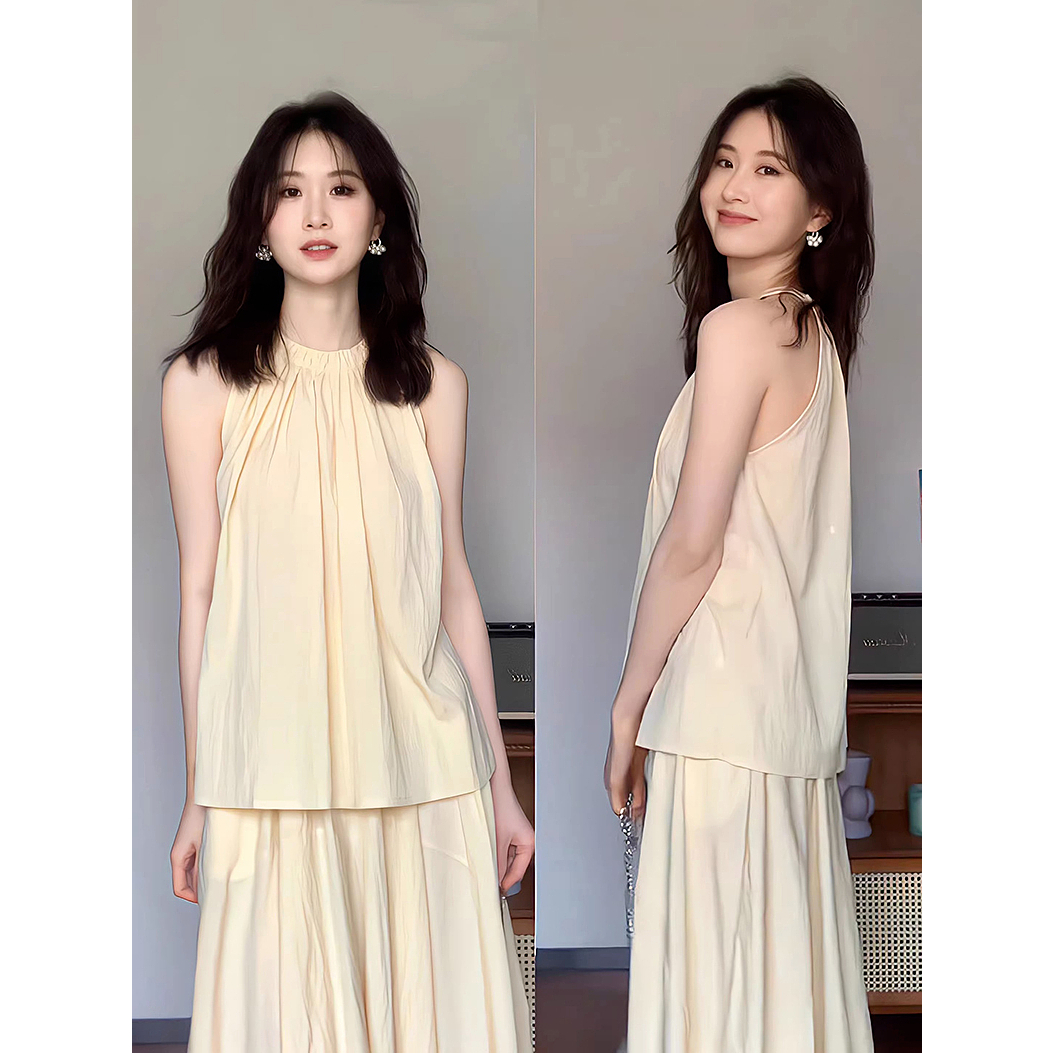 奶黄色挂脖背心上衣高腰半身裙两件套女法式褶皱感气质套装夏温柔