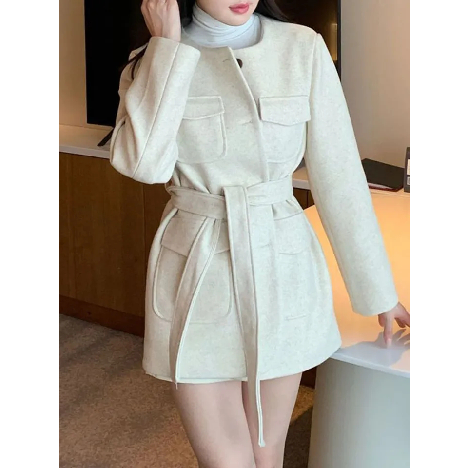 chic 韩版冬季时尚复古口袋圆领单排扣系带收腰毛呢子大衣外套