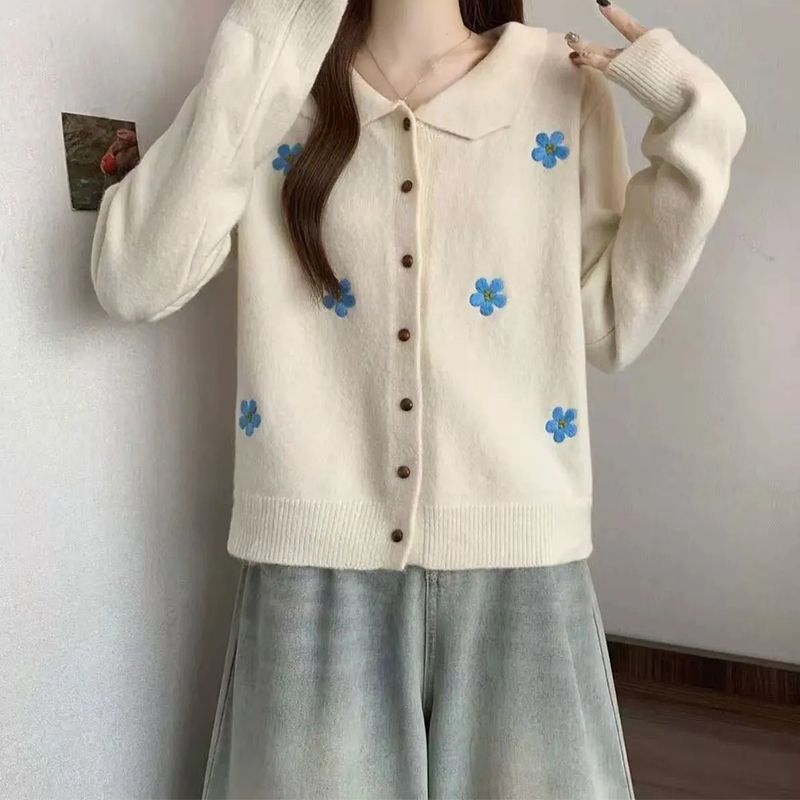 温柔风黄色刺绣花朵毛衣开衫女百搭秋季新款甜美可爱宽松针织上衣
