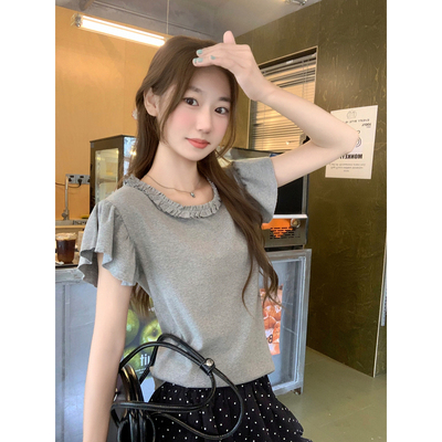 气质小飞袖短袖t恤女2025夏季新款修身显瘦独特漂亮正肩短款上衣