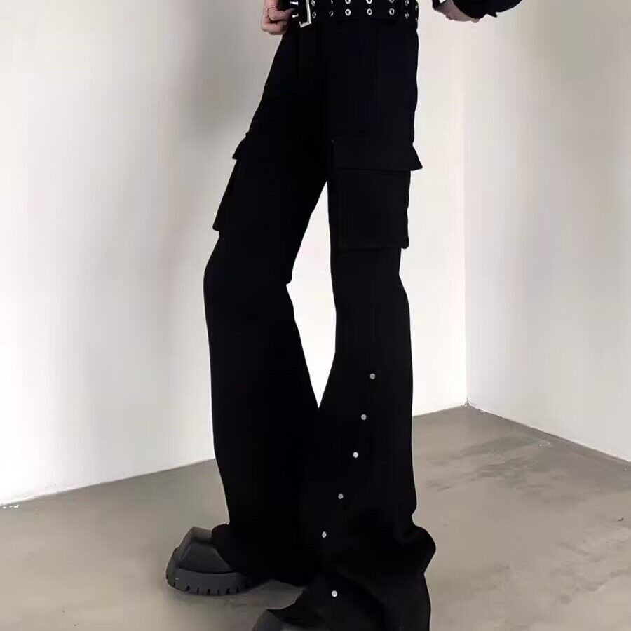 潮流工装复古绑带设计微喇叭机能美式黑色牛仔裤男女高街裤子