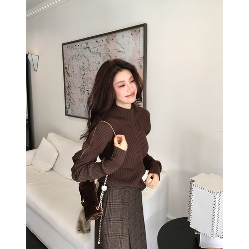 龍喜儿 复古坑条纹半高领毛衣女高级感绵羊毛打底针织衫D616