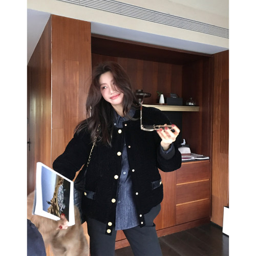 龍喜儿 冬季时尚95白鹅绒罗纹羽绒服黑色金扣短款夹克外套女D489