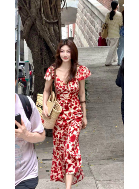 龍喜儿 loo%天丝”法式连衣裙女小飞袖v领海岛风度假鱼尾长裙R615