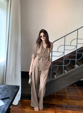 龍喜儿 简约高级感气质通勤收腰系带西装衬衫阔腿裤套装T105