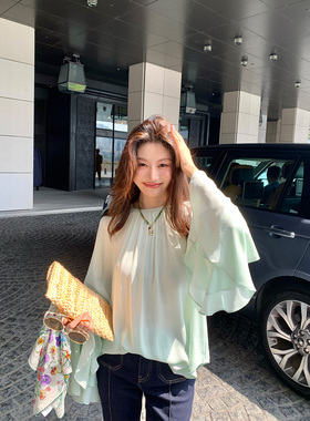 龍喜儿'高阶醋酸'圆领衬衫女慵懒垂坠感定点抽褶宽松遮肉上衣W490