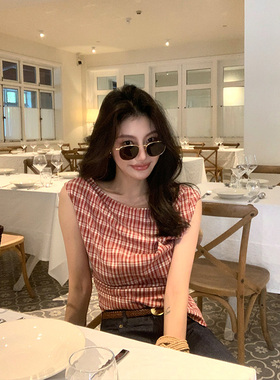 龍喜儿 复古风格纹衬衫女无袖气质高级感设计款上衣J276