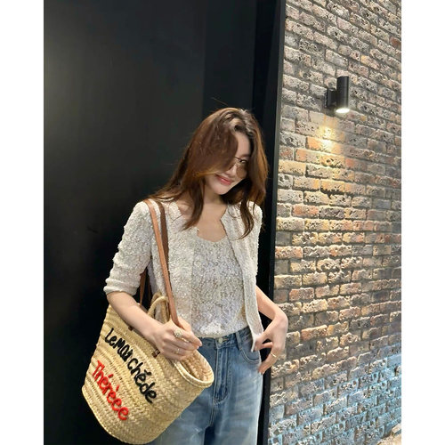 龍喜儿 吊带背心上衣女无袖v领设计感重工珠片气质开衫两件套K412