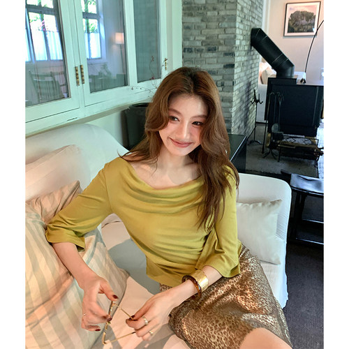 龍喜儿 【初夏冷都】“天丝羊毛”上衣女中袖荡领时尚T恤Z105