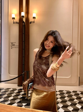 龍喜儿 蕾丝缎面假两件背心女定染流苏飘带修身显瘦圆领上衣K513