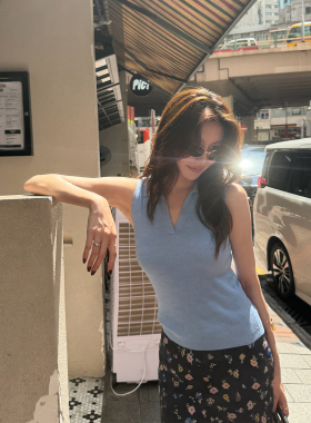 龍喜儿 “天丝亚麻”毛针织女翻领无袖收腰显瘦气质坑条上衣Z180