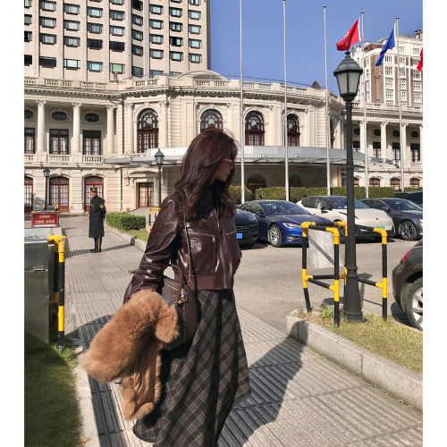 龍喜儿 复古格纹羊毛半身裙女高腰不规则边中长款A字裙L665