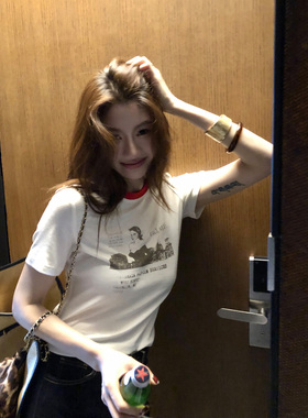龍喜儿 '莱赛尔羊毛'撞色领T恤女美式复古感亲肤透气修身短袖Z106