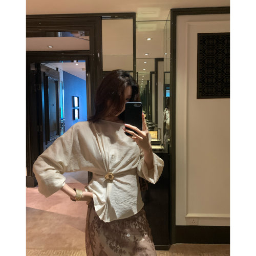 龍喜儿 莱赛尔亚麻衬衫女法式松弛感斜肩抽褶显瘦气质上衣A289