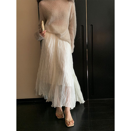 龍喜儿 半身裙女2026夏季新款法式高腰显瘦垂顺捏褶网纱A字裙M697