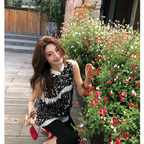 龍喜儿 “Ioo%桑蚕丝”背心女无袖立领正反两穿开叉印花上衣L031