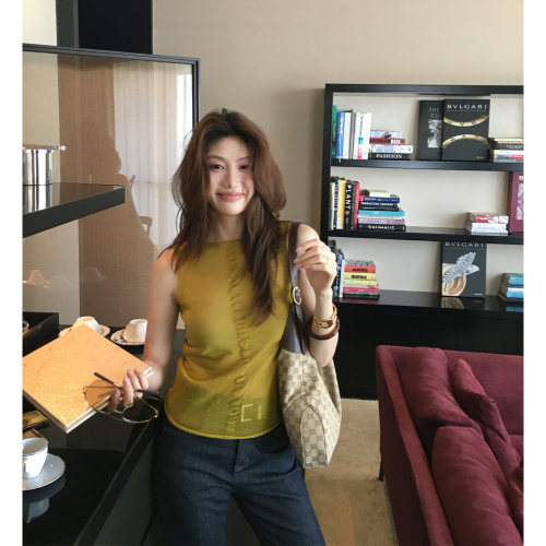 龍喜儿 亚麻吊带背心女无袖圆领设计感宽肩带百搭时尚上衣P187