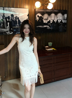 龍喜儿 “loo%棉”蕾丝连衣裙女无袖圆领提花设计感流苏短裙Y255