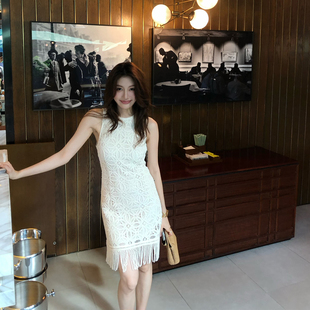 龍喜儿 “loo%棉”蕾丝连衣裙女无袖圆领提花设计感流苏短裙Y255