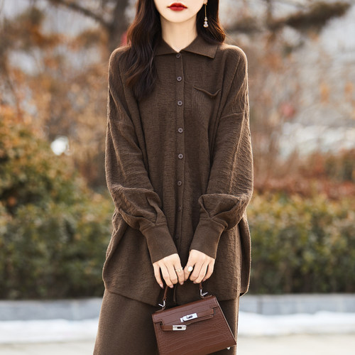 薄款精纺阔腿裤针织开衫Polo领