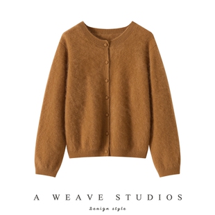 高端奢华拉绒100纯山羊绒圆领包扣开衫外套女2025秋冬新款时尚潮