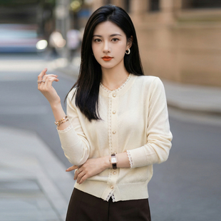 女薄款 蕾丝边桑蚕丝羊毛圆领针织开衫 通勤风毛衣外套 新款 2026春季